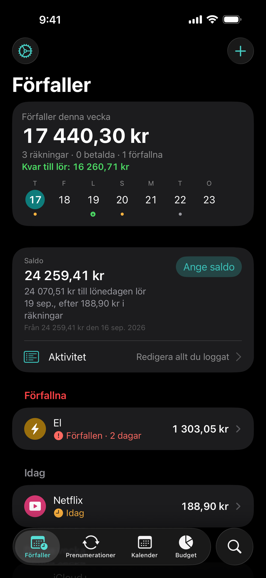 DueBy-skärmen Förfaller: $1,660.98 förfaller denna vecka, Kvar till lördag $1,911.73, en förfallen elräkning, Netflix förfaller idag och iCloud+ förfaller om 3 dagar