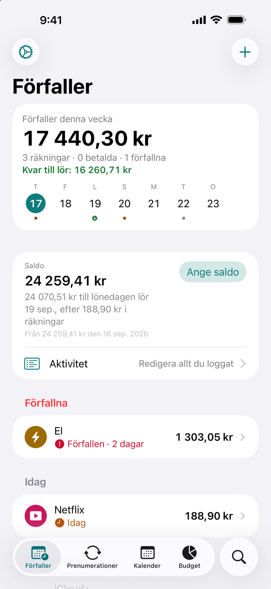 DueBy-skärmen Förfaller: $1,660.98 förfaller denna vecka, Kvar till lördag $1,911.73, en förfallen elräkning, Netflix förfaller idag och iCloud+ förfaller om 3 dagar