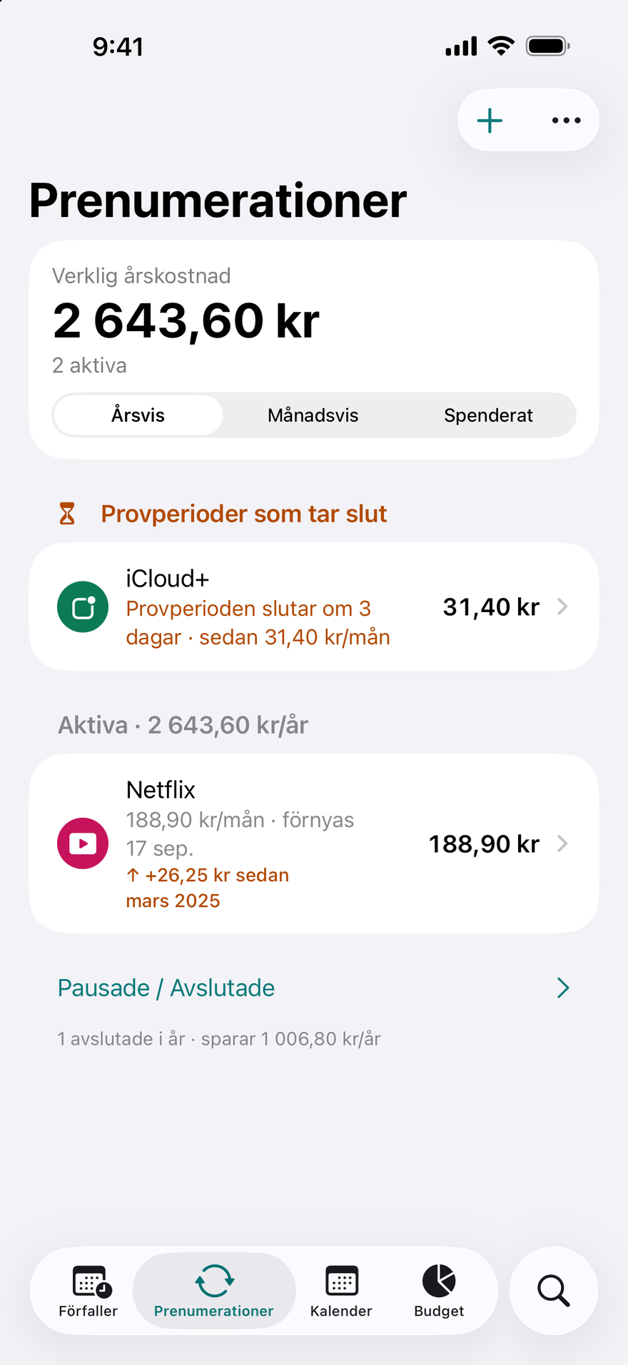 DueBy Prenumerationer: provperioder som tar slut, aktiva prenumerationer med årssumma och en markering för prishöjning