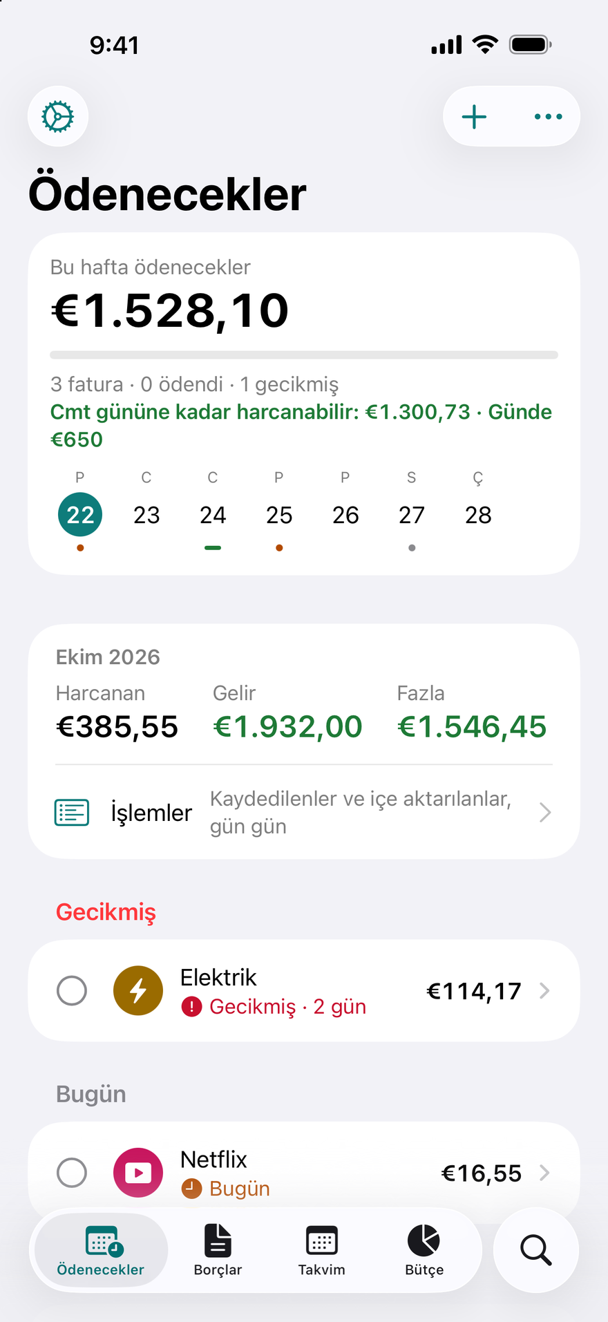 DueBy Ödenecekler ekranı: bu hafta ödenecek toplam tutar, maaş gününe kadar harcanabilir tutar, İşlemler bağlantısıyla bakiye, gecikmiş bir elektrik faturası ve son ödeme tarihi bugün olan Netflix
