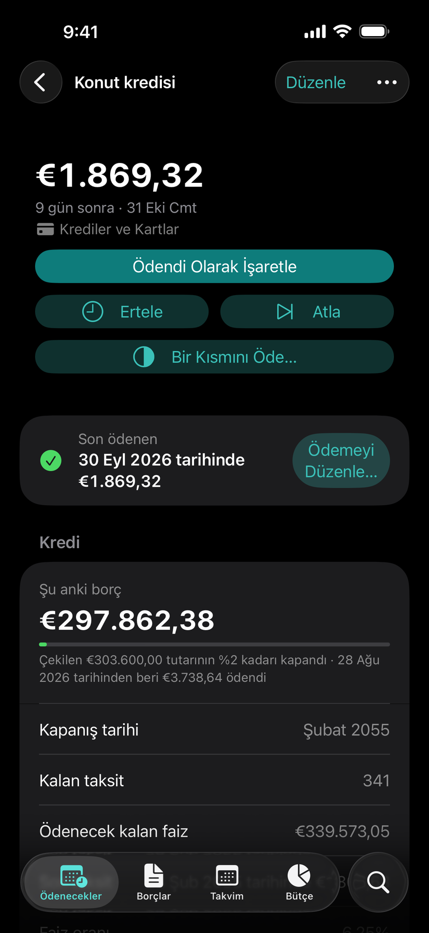 DueBy kredi ayrıntısı: bir konut kredisinin aylık taksiti, kalan borç ve borcun biteceği tarih