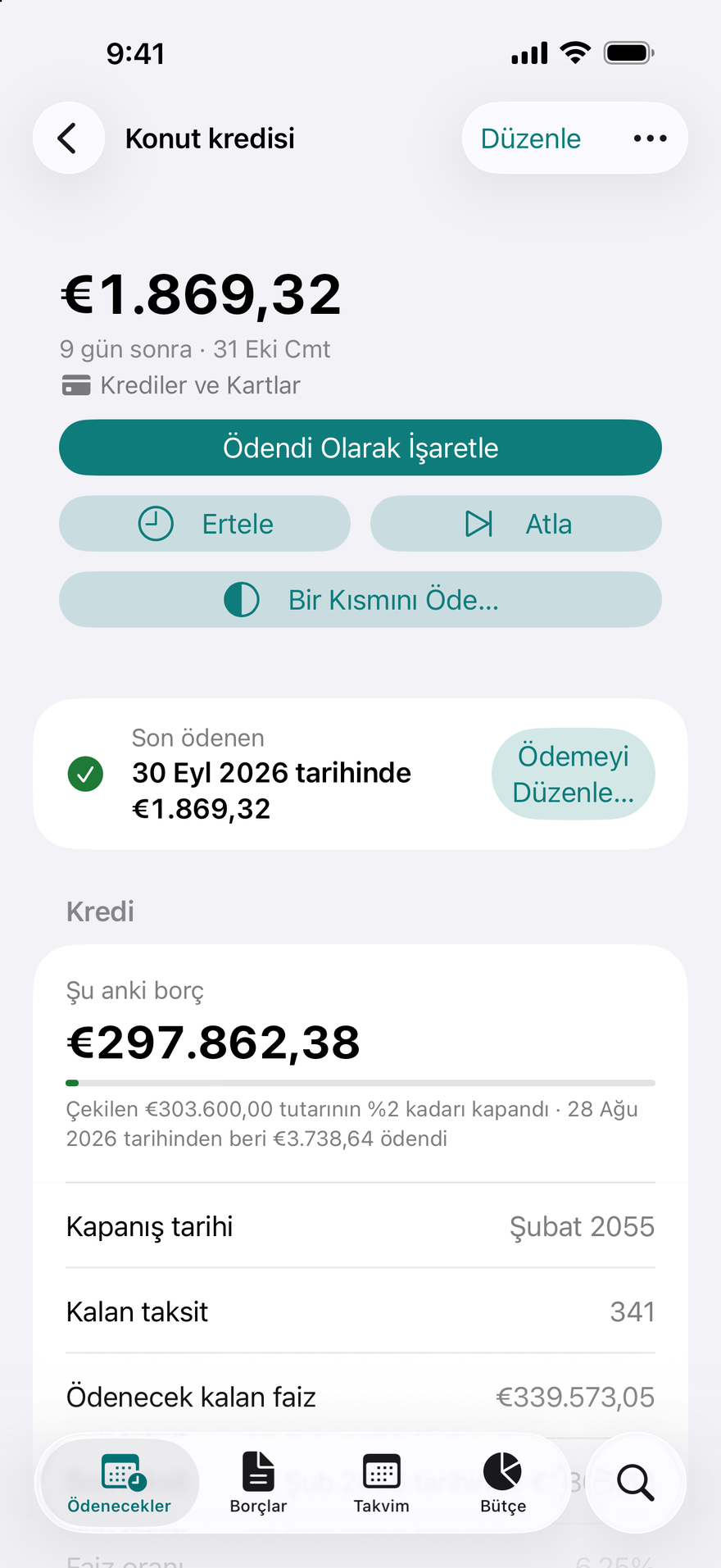DueBy kredi ayrıntısı: bir konut kredisinin aylık taksiti, kalan borç ve borcun biteceği tarih