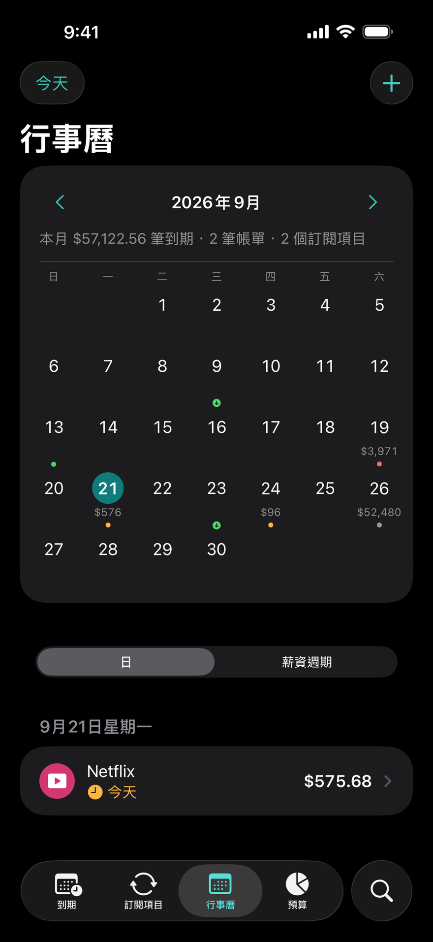 DueBy「行事曆」:按月排列的月曆,標有到期日圓點、發薪日,以及所選日期的帳單
