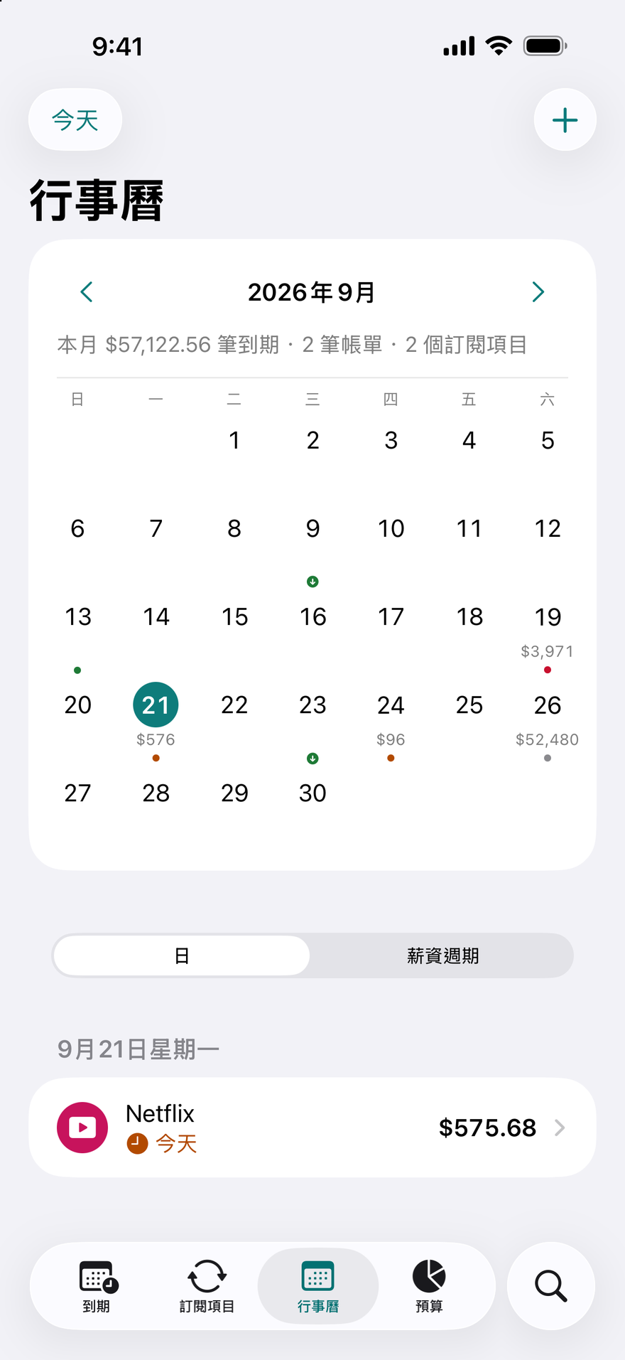 DueBy「行事曆」:按月排列的月曆,標有到期日圓點、發薪日,以及所選日期的帳單